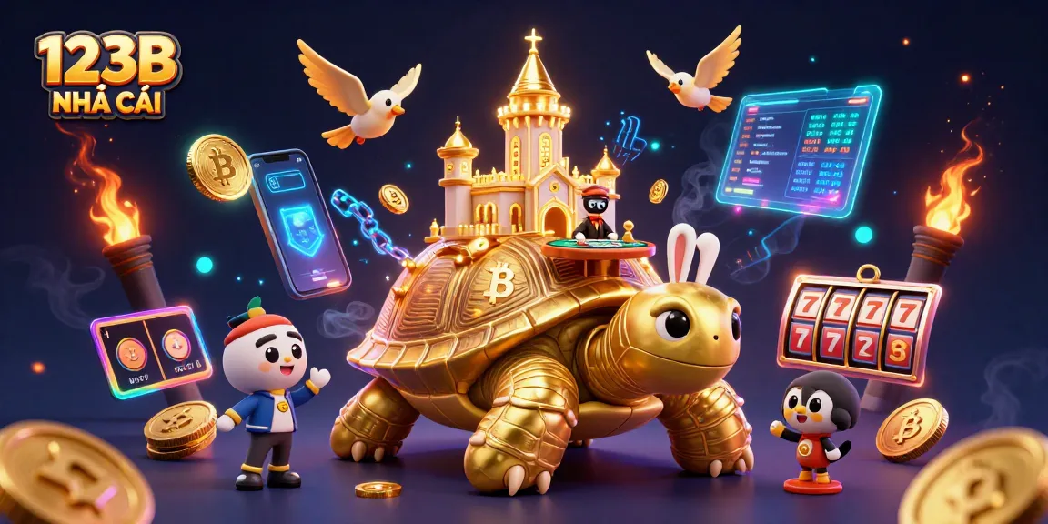 Experience the excitement of 123B NHÀ CÁI with colorful characters and slot reels in a vibrant casino setting.