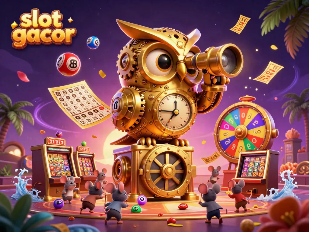 Play exciting slot gacor games with golden owl overseeing the busy casino floor.