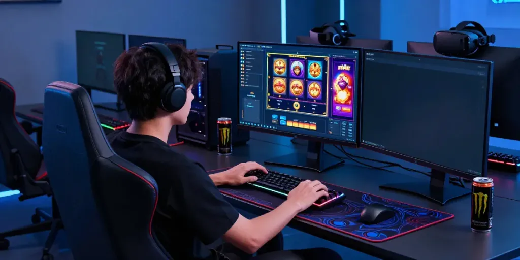 rokok88 slot login in an immersive gaming setup with multiple monitors.
