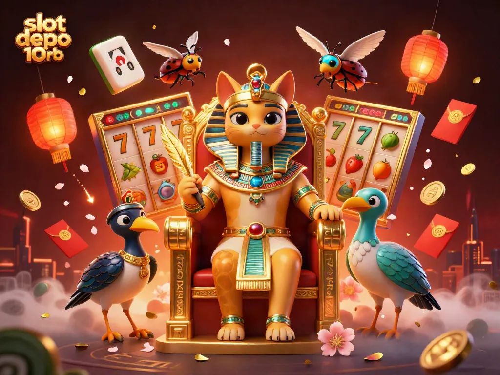 Experience thrilling gameplay with slot depo 10rb, featuring Egyptian-themed elements and lively casino symbols.