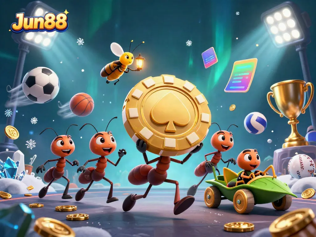 Join Jun88's adventurous team with ants carrying a giant poker chip in an exciting heist scene.