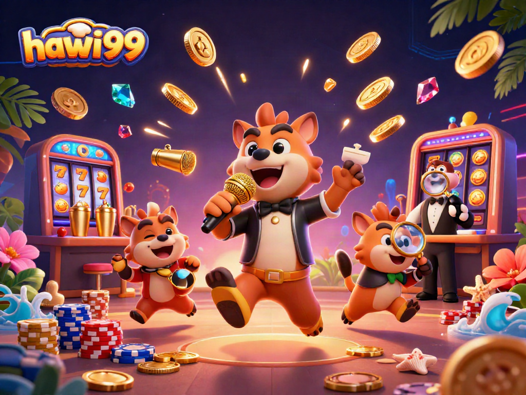Experience hilarious fun at hawai99 casino with vibrant hyena characters and sparkling gems.