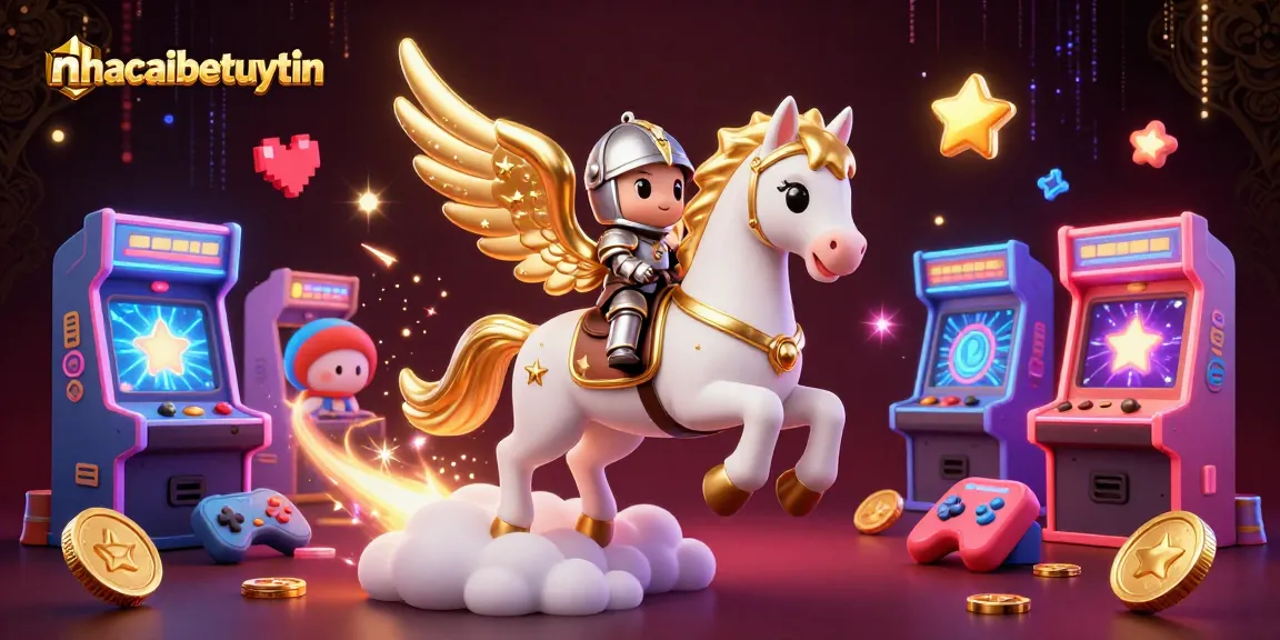 Bet on exciting games with nhacaibetuytin, featuring vibrant illustrations of a celestial horse and arcade machines.