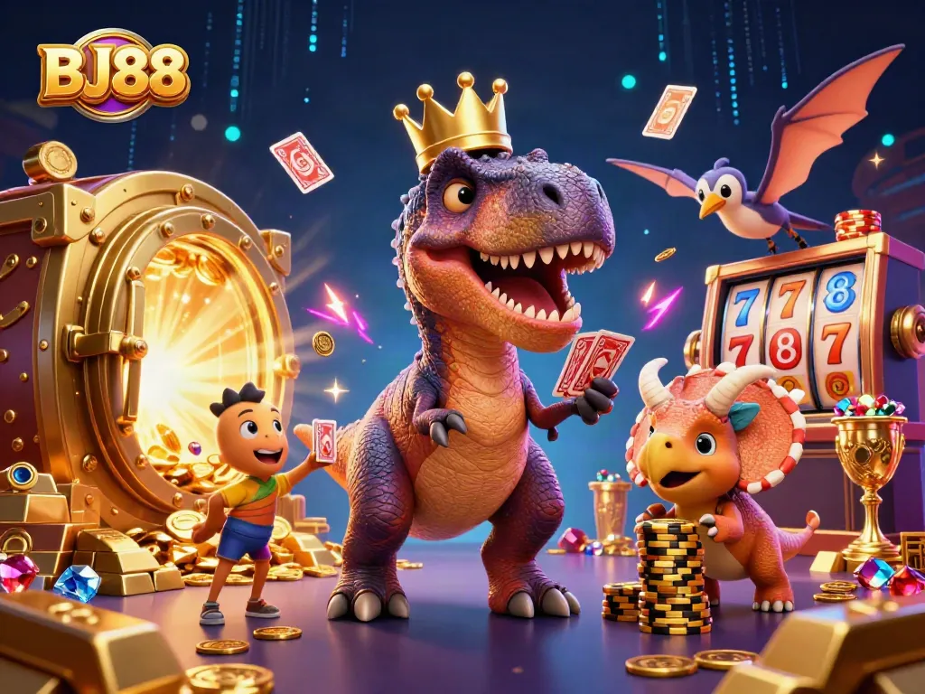 BJ88 showcases a whimsical T-Rex shuffling cards in an enchanting casino scene, illustrating vibrant gaming excitement.