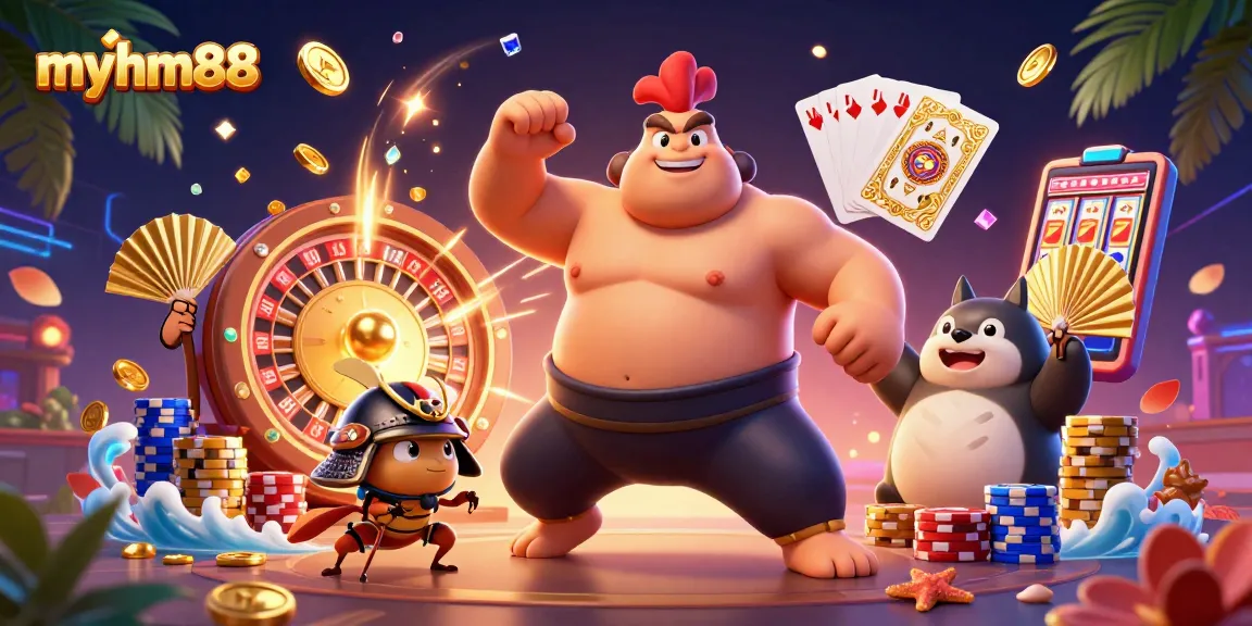 Join the excitement at myhm88 with a dynamic illustration featuring vibrant casino games and characters!