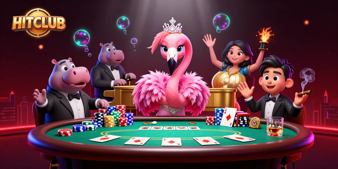 Spin and win at HITCLUB with vibrant casino games and lively characters in a dynamic scene.