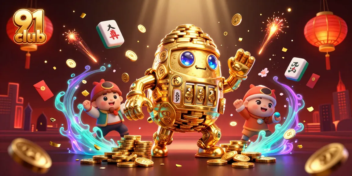 Experience thrilling gameplay with the 91 club through vivid 3D illustration of golden golem and casino elements.