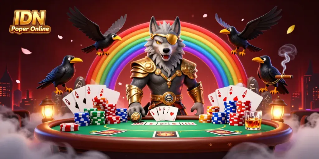 Experience thrilling IDN Poker Online action with legendary characters amidst a vibrant casino landscape.
