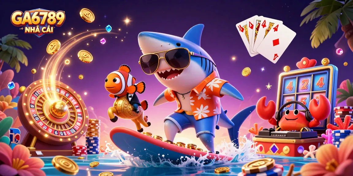 Join the fun at GA6789 NHÀ CÁI with cartoon casino characters enjoying games and excitement.