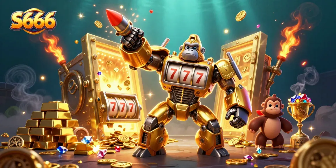 S666 showcases a powerful golden gorilla mech smashing coins, depicting vibrant casino excitement.