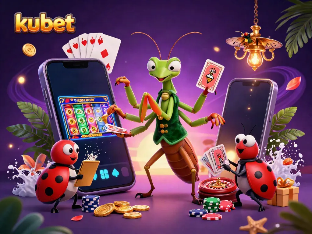 Experience kubet betting with a dynamic scene featuring a giant praying mantis and ladybug pit boss managing casino activities.