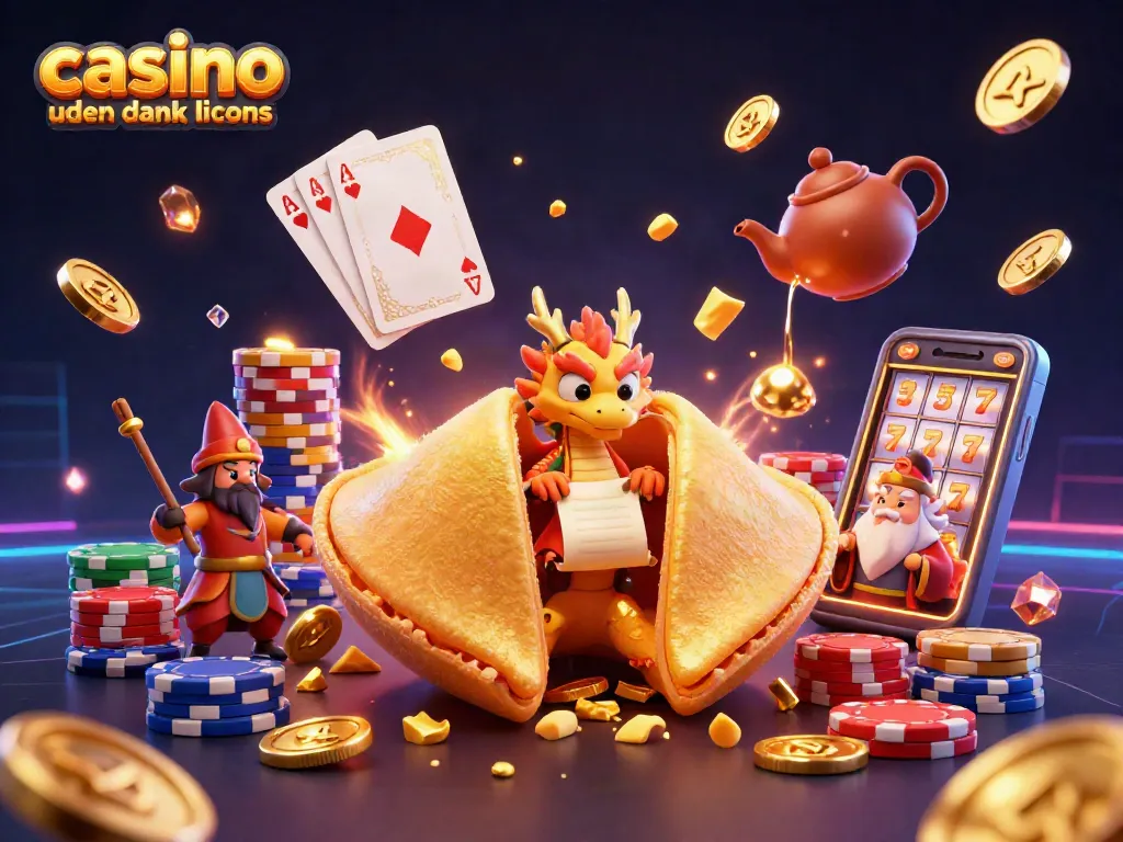 Experience the excitement of casino uden dansk licens with vibrant 3D illustration featuring games and golden treasures.