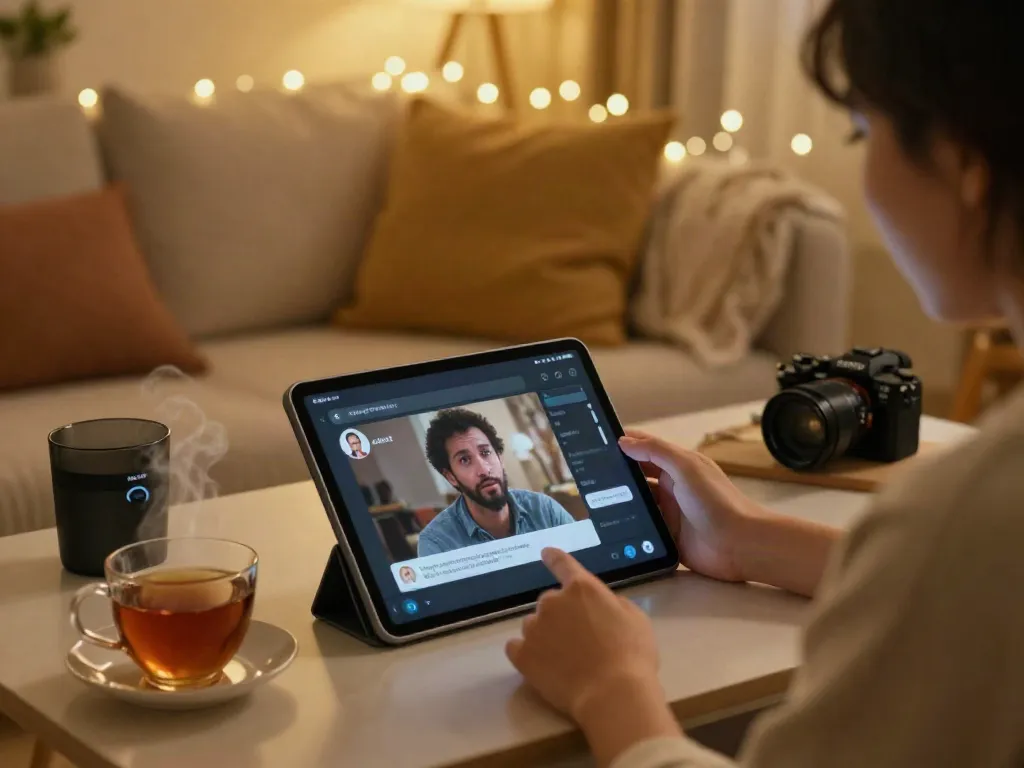 Engaging in AI chat porn on a tablet in a cozy room.