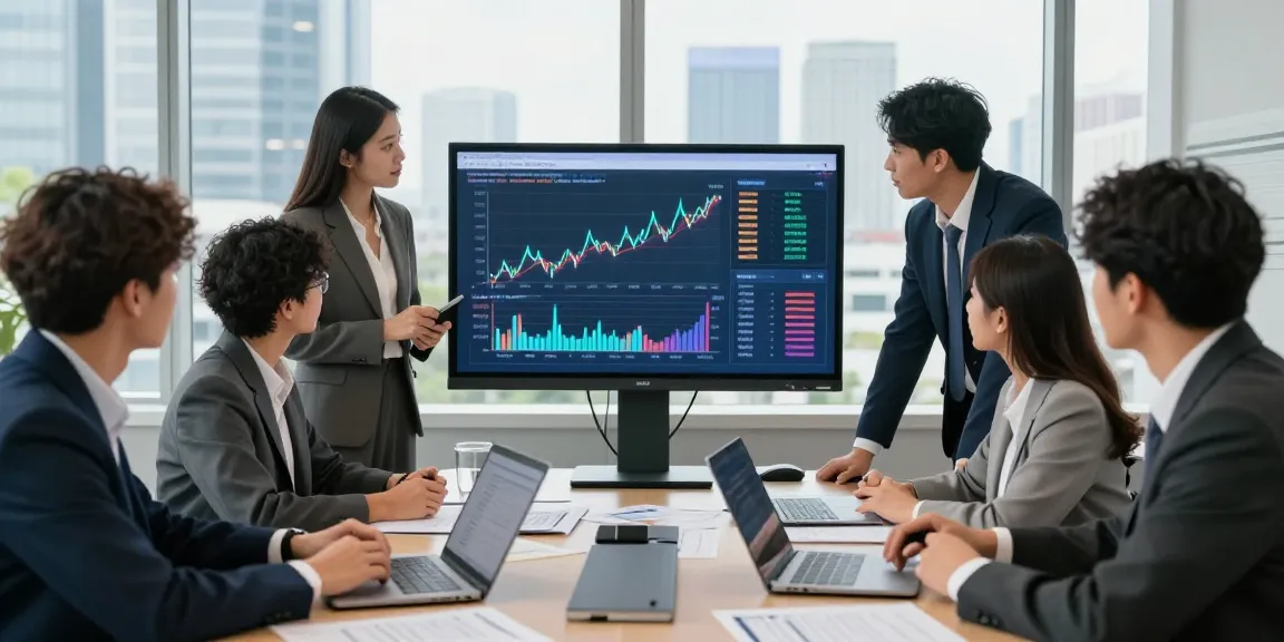 Business professionals reviewing economy news gourmeticat data in a modern office setting.