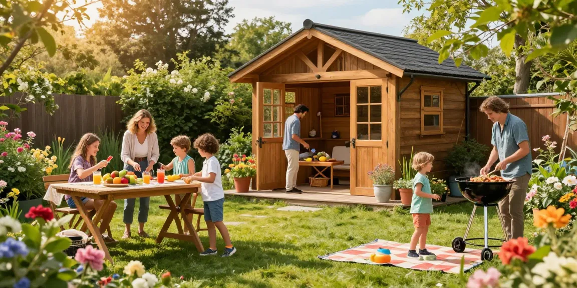 Ein Gartenhaus umgeben von blühenden Pflanzen, Familie genießt ein Picknick im Garten.