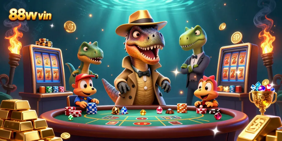 Experience thrilling gaming action at 88vv vin with a velociraptor card counter in a vibrant casino scene.