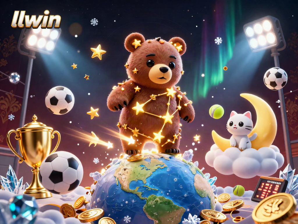 Engage with llwin in this vibrant 3D casino scene featuring golden stars, sports elements, and dynamic betting action.