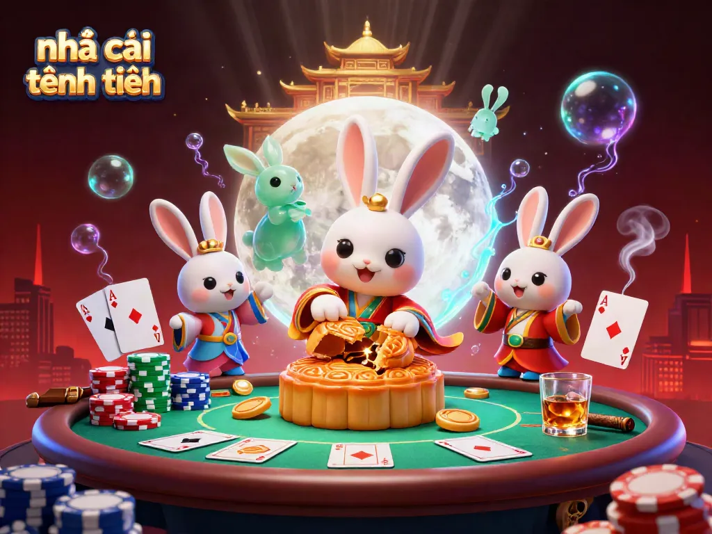 Experience the excitement of nhà cái tặng tiền with this vibrant 3D illustration featuring a moon rabbit and poker elements.