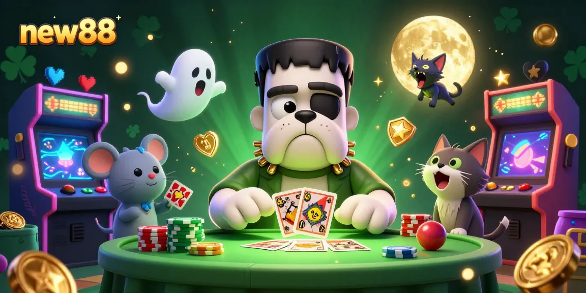 Experience the thrill of new88 with a lively betting scene featuring a playful monster dealing cards.
