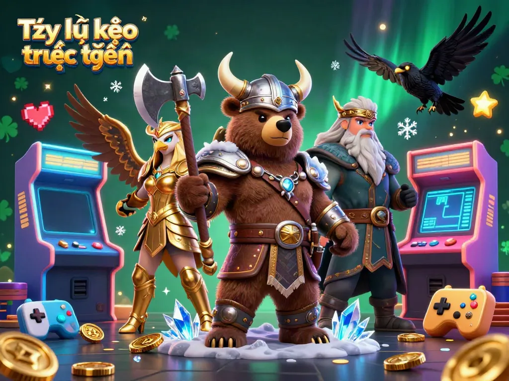 The Tỷ lệ kèo trực tuyến scene depicts a Viking bear and Valkyrie eagle among arcade games, emphasizing dynamic betting energy.