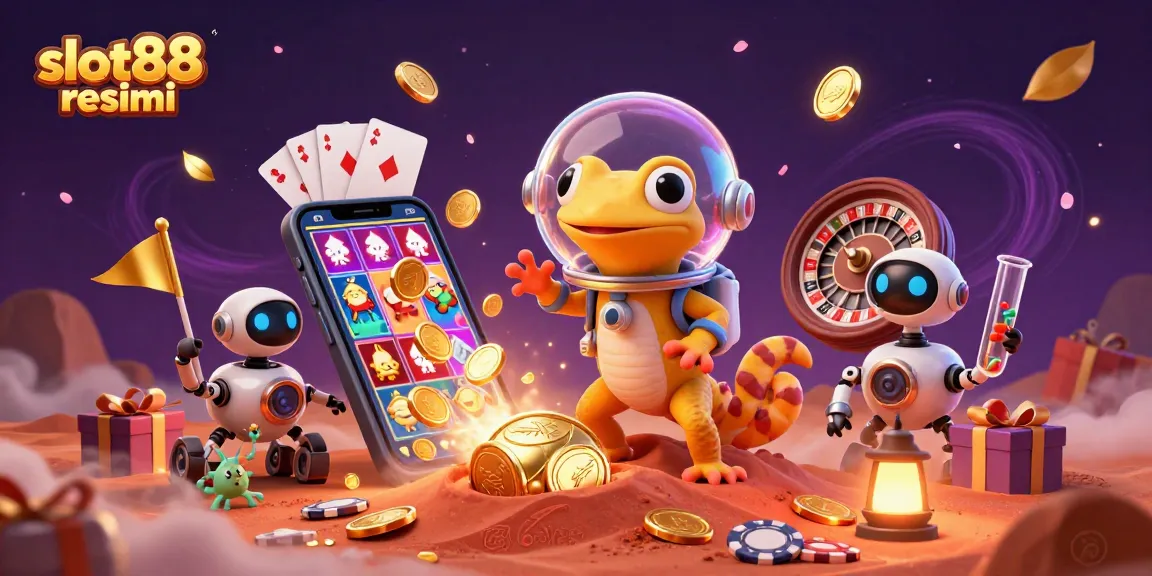 Experience slot88 resmi excitement with a Martian gecko celebrating a golden casino discovery and winning slots.