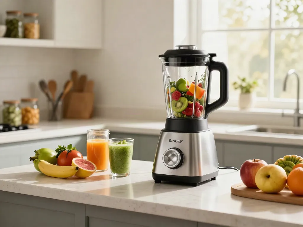 Singer Blender on a countertop in a bright kitchen, surrounded by fresh smoothie ingredients.