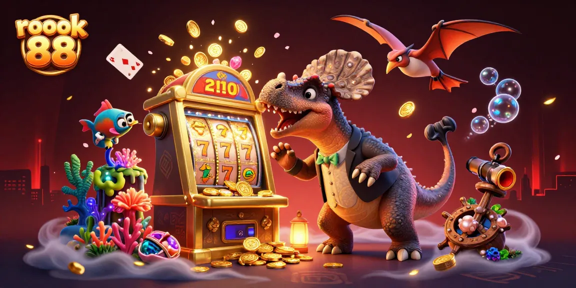 rokok 88 showcases an energetic casino scene with dinosaurs and slot machines, highlighting jackpot winnings.