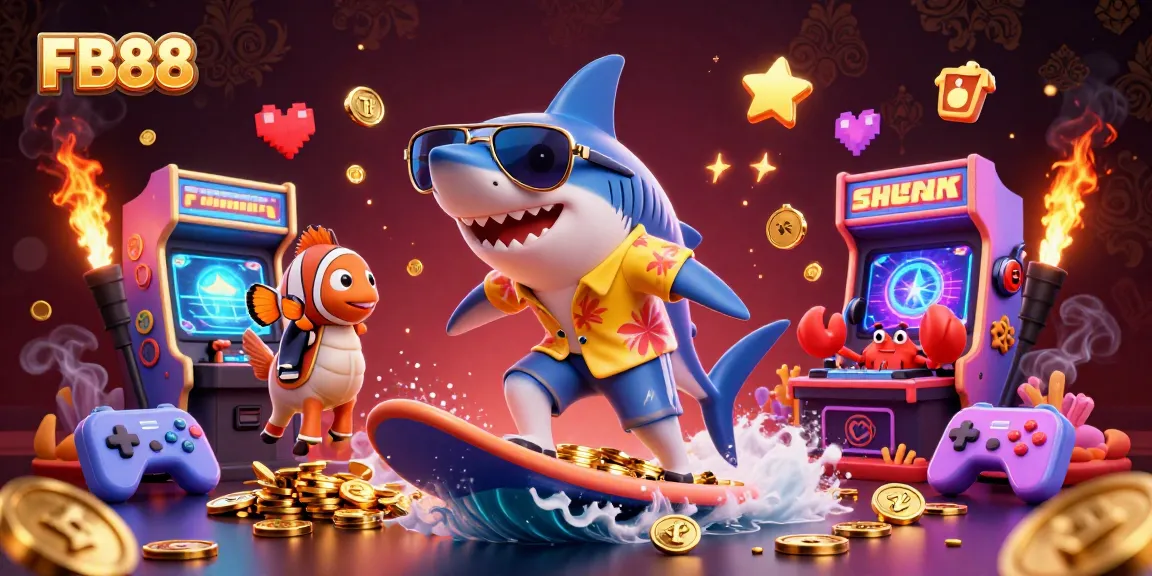 Experience excitement at FB88 with colorful casino elements featuring characters amidst a gold coin wave.