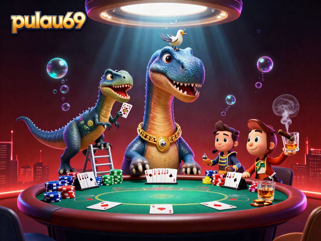 pulau69 elevates the excitement as a dinosaur overlooks a vibrant poker scene