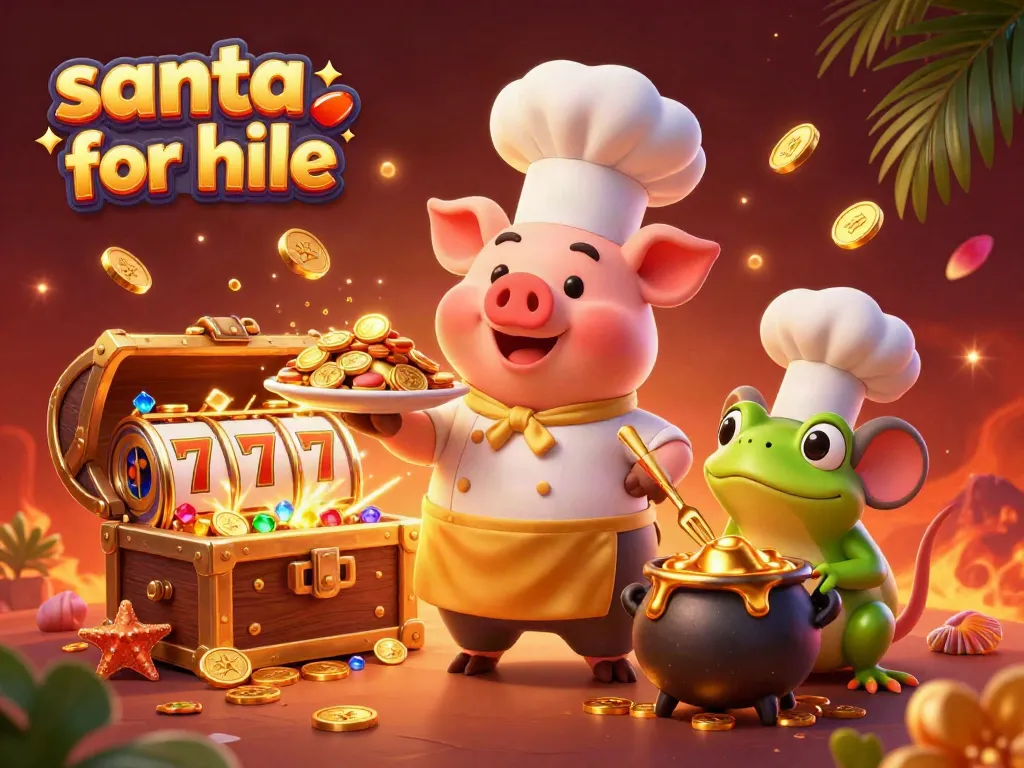 Engaging illustration of a chef pig serving gold coins in a vibrant casino setting with a focus on santa for hire.