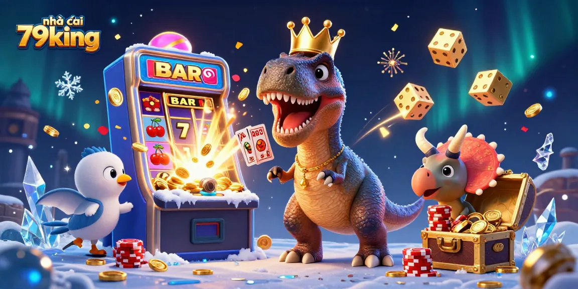 Experience thrilling wins with nhà cái 79king, where a playful T-Rex shuffles cards amid slots and golden treasures.