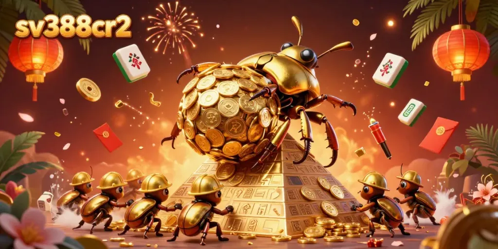 Experience the excitement of sv388cr2 with dynamic golden dung beetles representing a world of thrilling battles in cockfighting.
