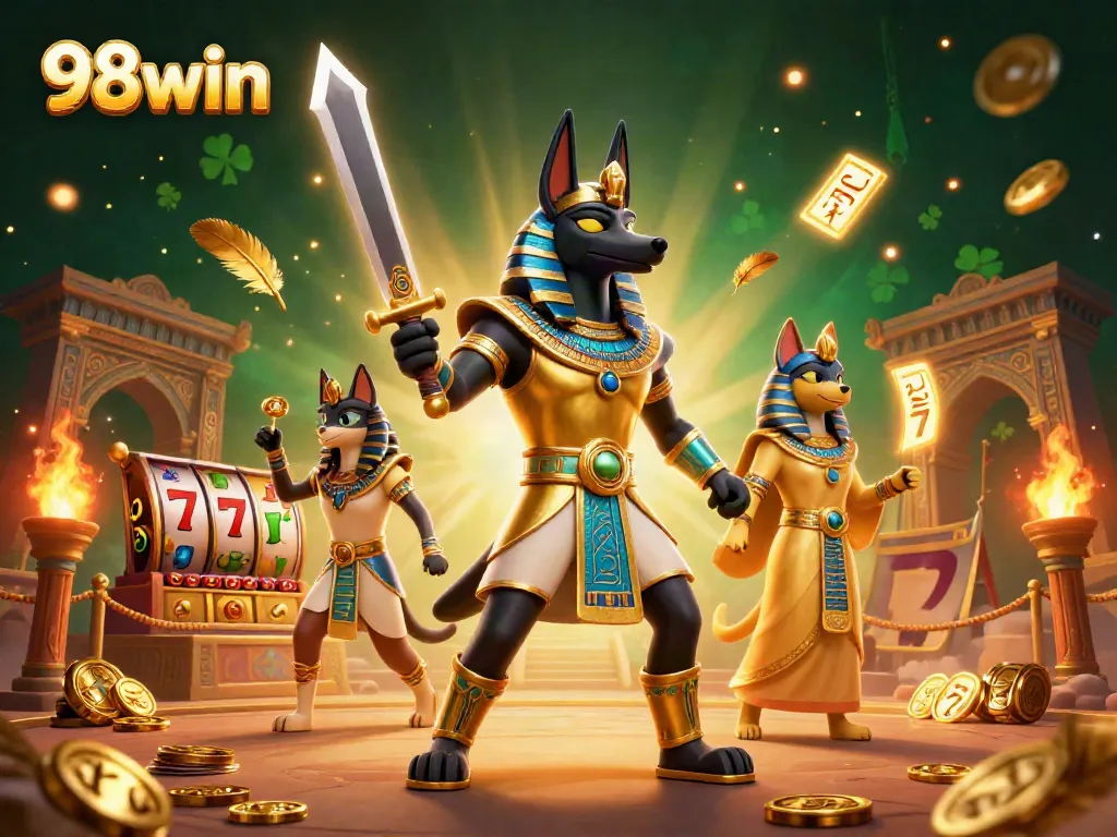 Experience the action at 98win with Anubis and Bastet amidst golden jackpots and energetic casino elements.