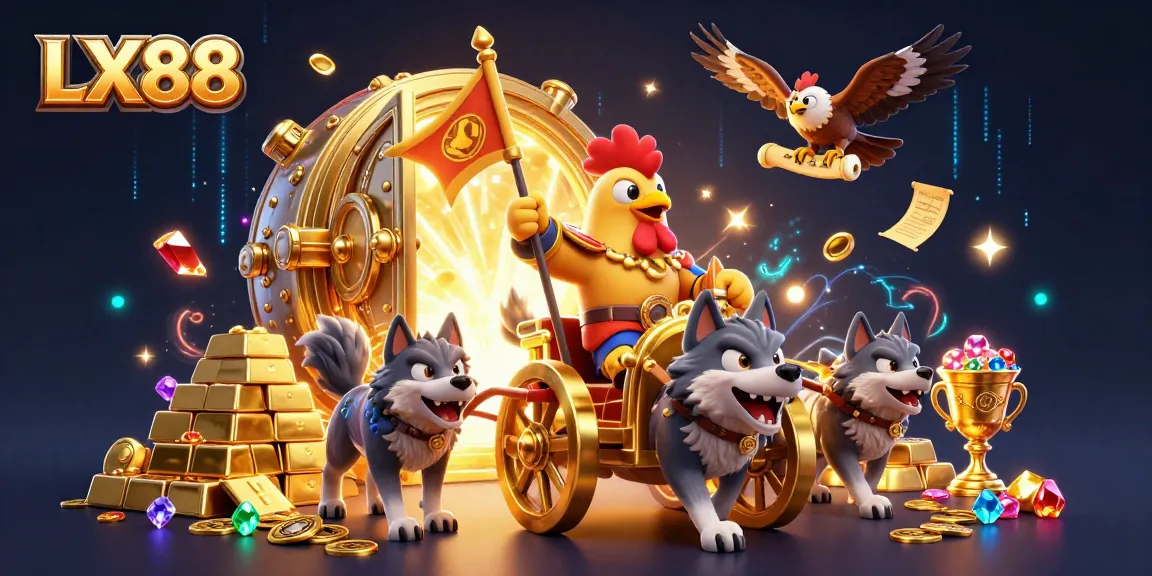 Engage in thrilling gameplay at LX88 with a 3D rooster warlord in a vibrant casino scene.