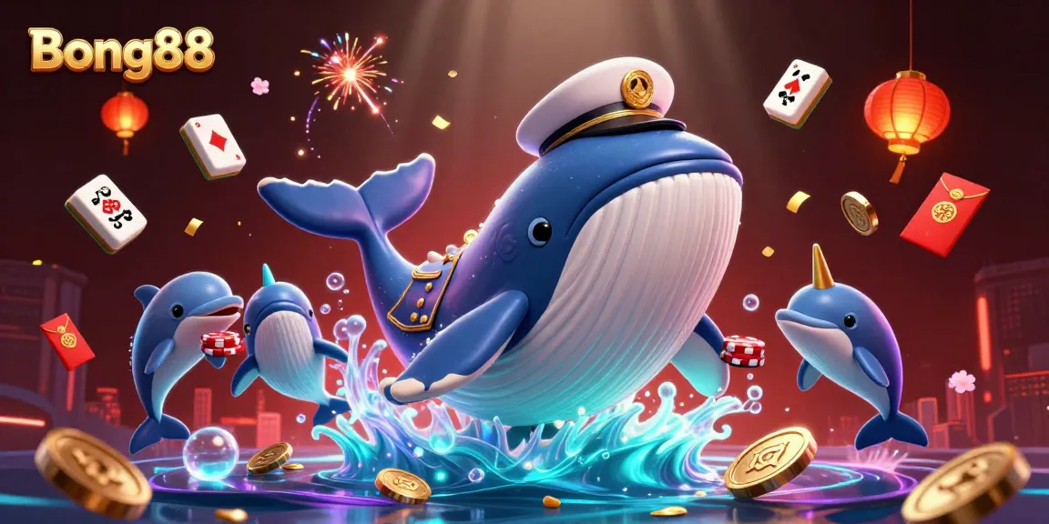 Bong88 depicts a whimsical 3D scene featuring a captain whale surrounded by coins, dolphins, and festive gaming elements.