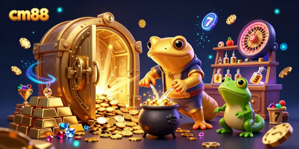 Experience the thrill of cm88 casino gaming with vibrant characters and elements amidst golden treasure.