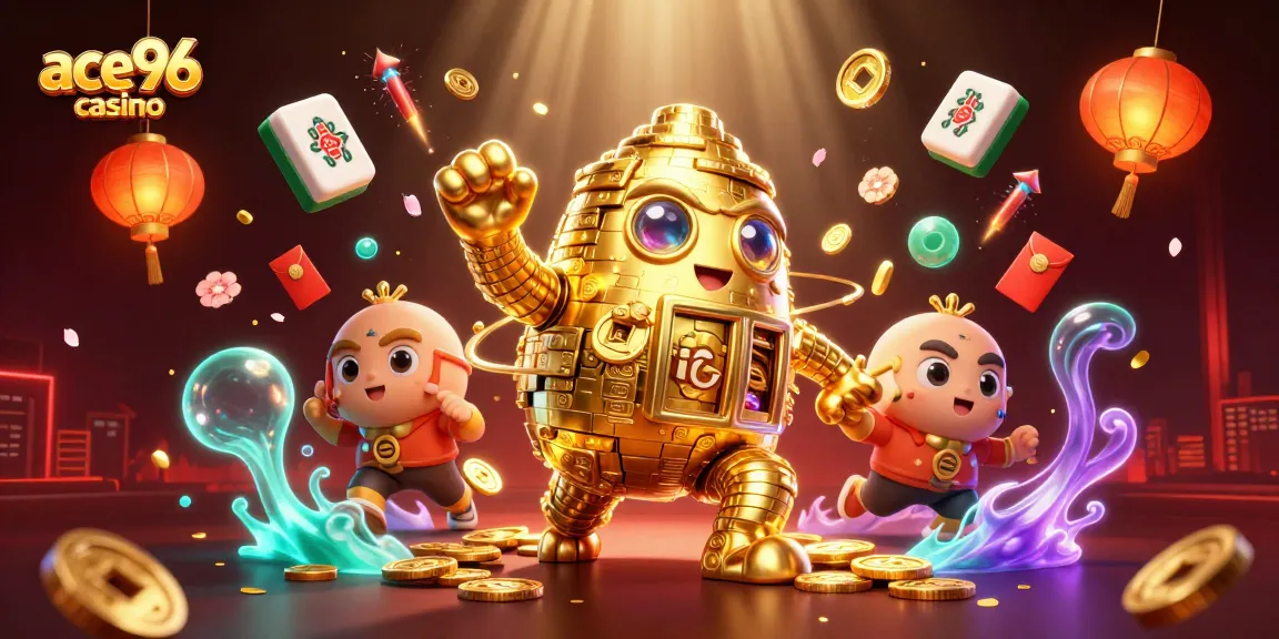 Engage with ace96 casino's thrilling gaming experience featuring a golden golem and casino elements.