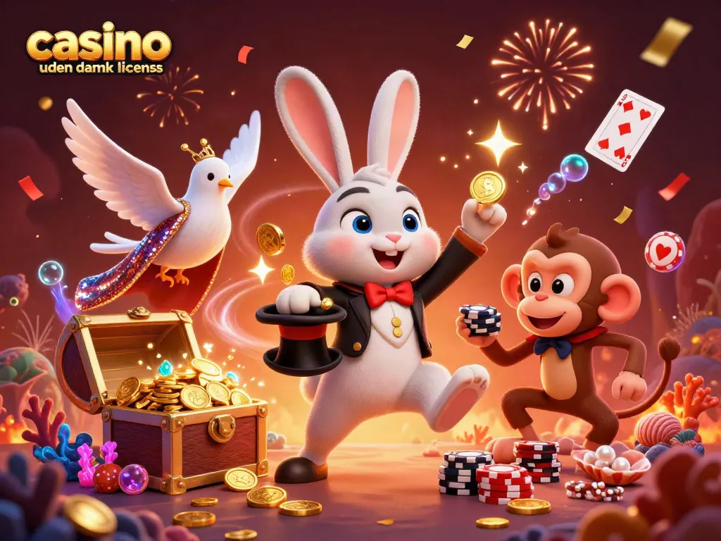 Engage with casino uden dansk licens through a vibrant 3D scene of a magician rabbit and playful elements.