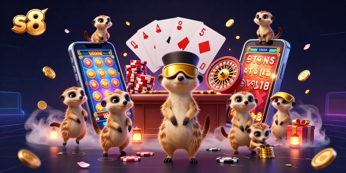 S8 casino meerkats celebrate a jackpot with colorful slot game and poker chips in a vibrant scene.