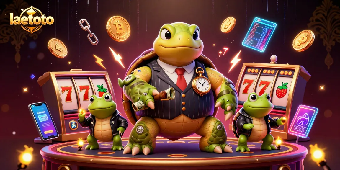 Engage with laetoto's vibrant slot gaming experience featuring a fun 3D turtle and bold casino elements.