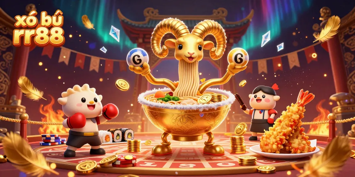 xổ số rr88 showcases a vibrant scene with a golden ramen bowl dealer engaged in an exciting lottery game.