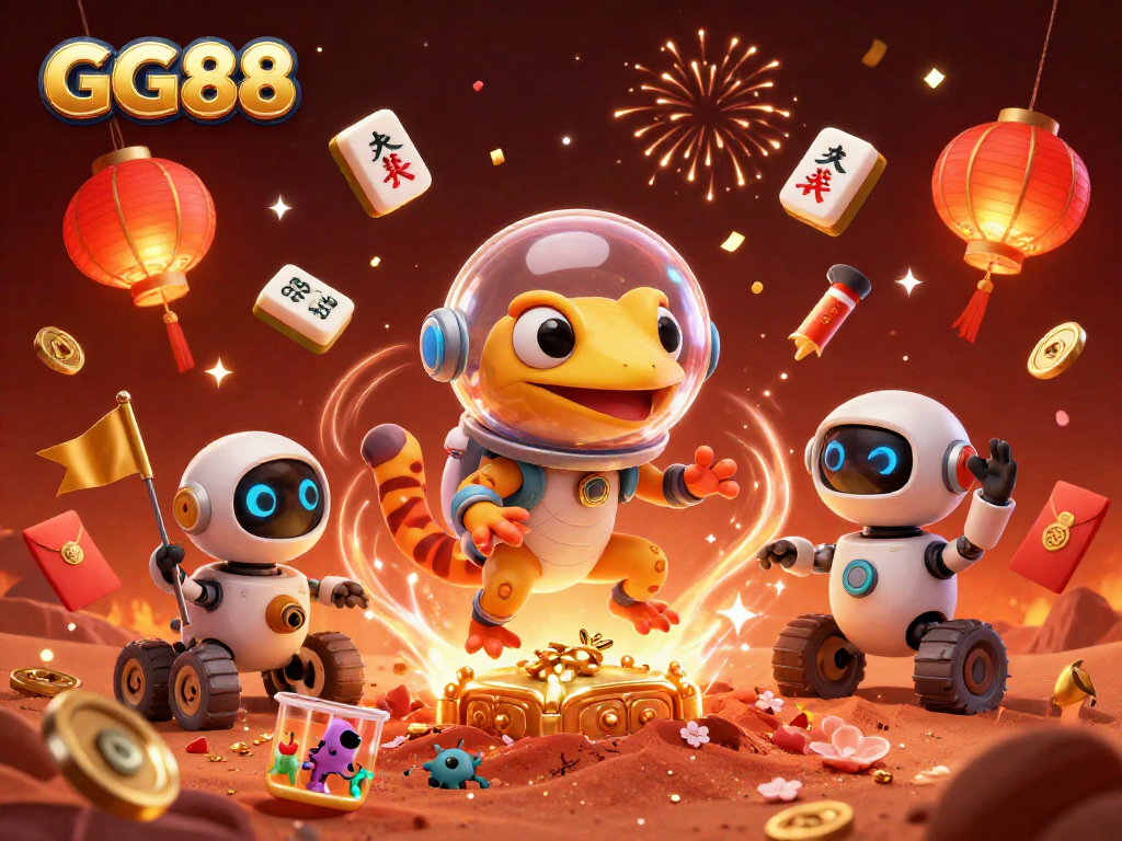 GG88 showcases a Martian gecko in a casino adventure, celebrating vibrant wins.