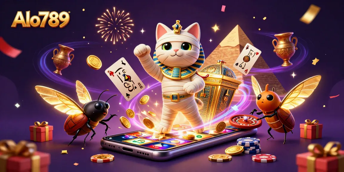Alo789 transports players to a vibrant 3D world of thrilling gambling experiences, showcasing a majestic mummy cat amidst dynamic casino elements.