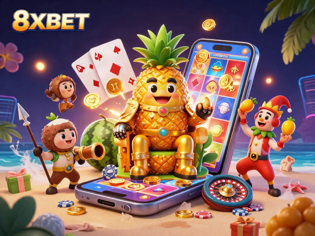 Experience thrilling gameplay at 8XBET with a vibrant 3D casino scene featuring a golden pineapple king and dynamic game elements.