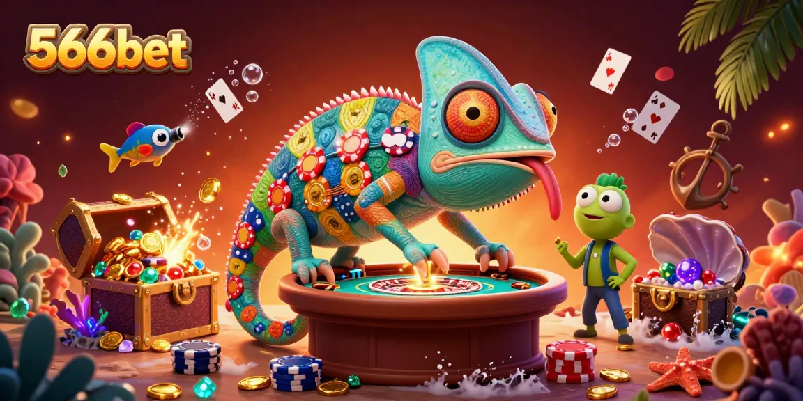 Experience exciting gaming moments at 566bet with a vibrant chameleon casino owner and treasure-filled underwater action.