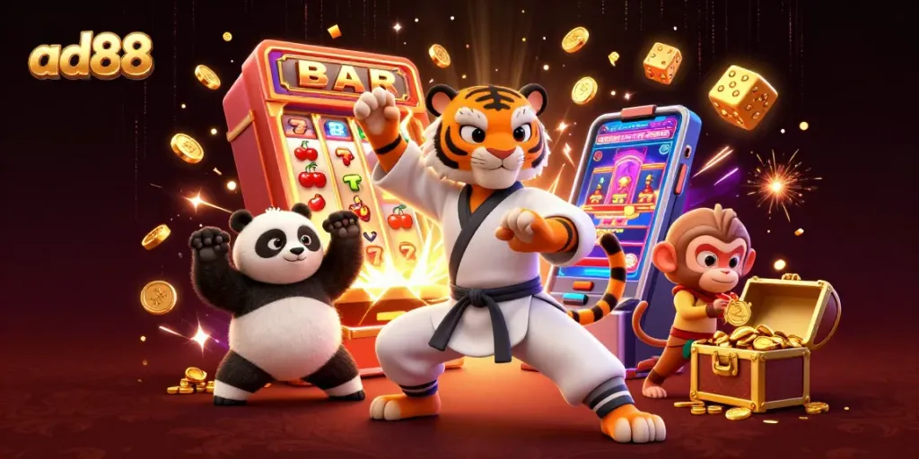 Experience excitement at ad88 with a playful 3D scene featuring a kung fu tiger, panda, and monkey amidst slots!