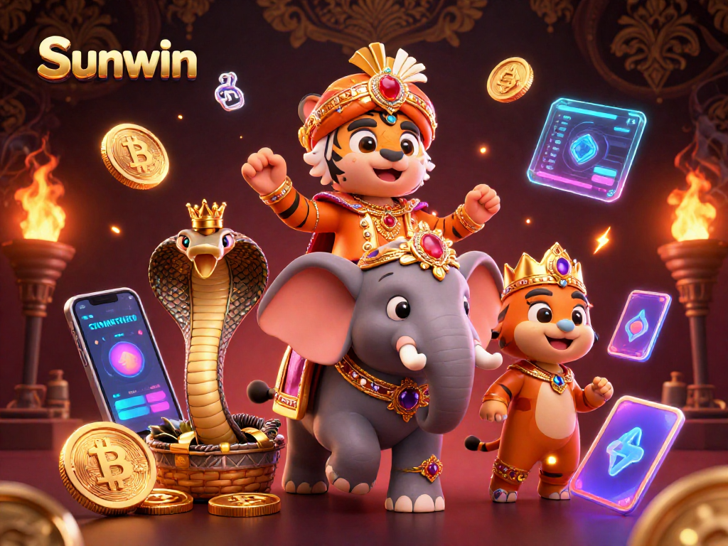 Sunwin features an exhilarating 3D casino scene with vibrant characters and crypto elements.