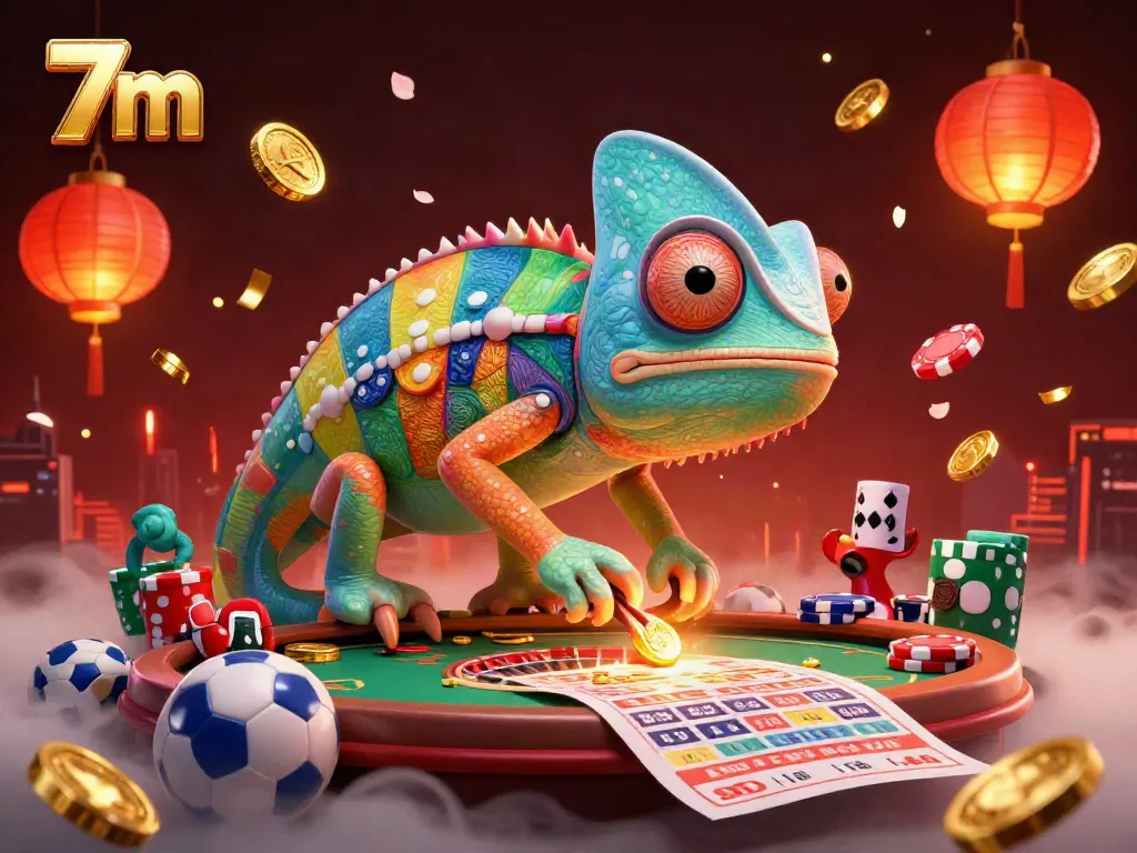 Engage with 7m live sports betting action featuring a chameleon casino owner in a vibrant scene with coins and sports equipment.