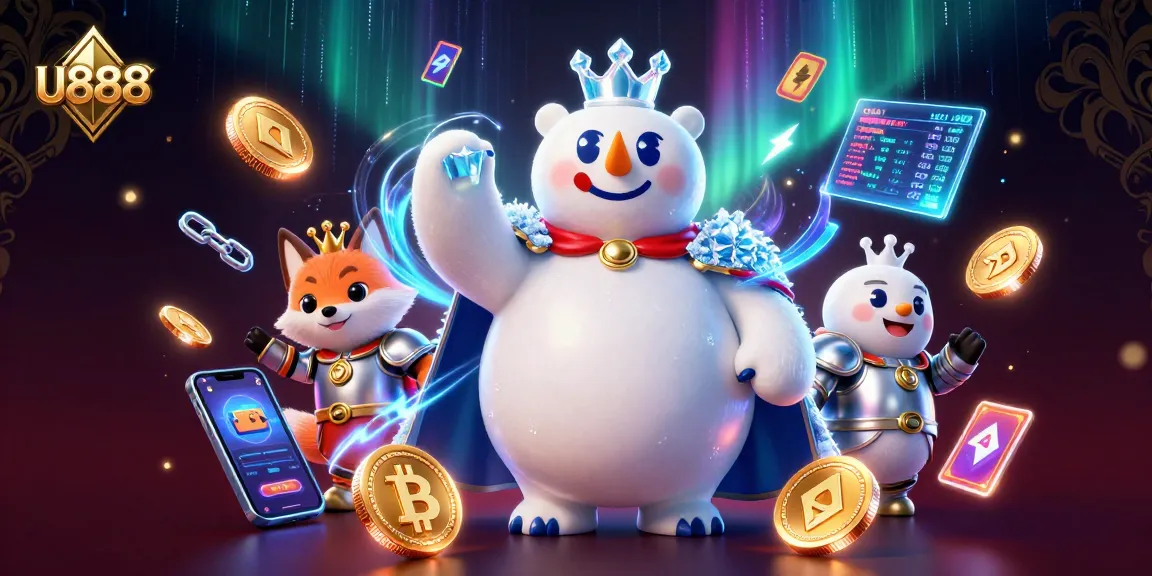 Experience the thrilling excitement of U888, showcasing a polar bear king and snow fox amidst vibrant digital casino elements.
