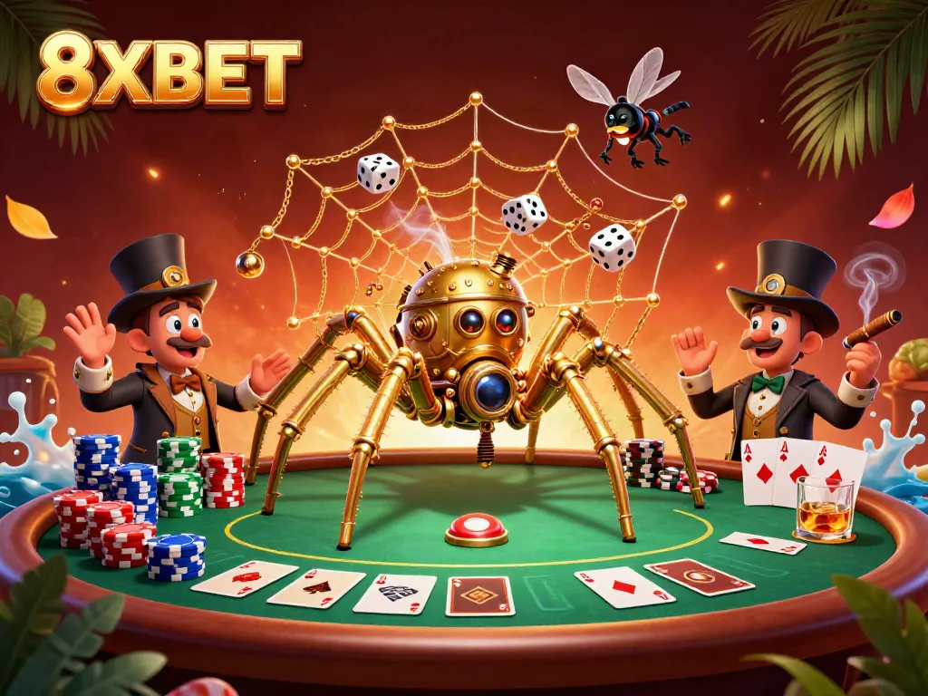 Experience thrilling gameplay at 8XBET, featuring a steampunk spider and exciting casino elements.